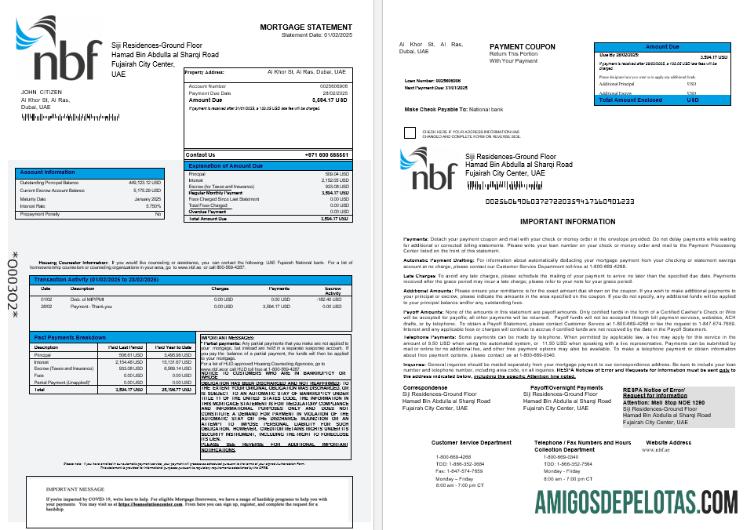 Extrato de hipoteca do Banco Nacional Fujeirah dos Emirados Árabes Unidos em formatos Word e PDF 1 2 exemplo real